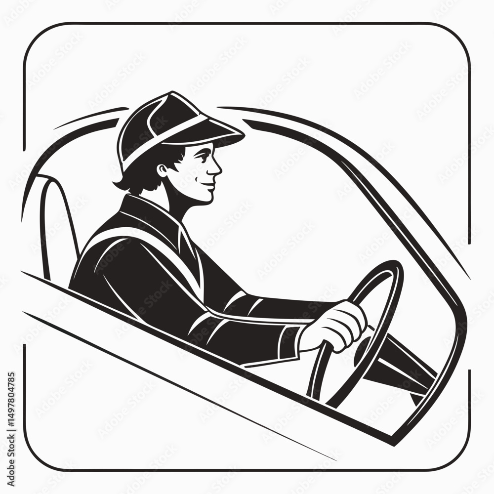 Fototapeta premium Happy driver in a car black and white illustration