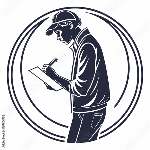 Delivery driver taking notes on clipboard in circular design