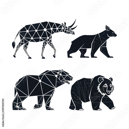 Set of Geometric abstract animals. Black animals on white background. Trendy mono line vector design