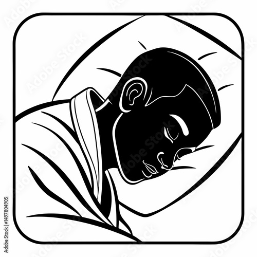 Young man sleeping peacefully in bed black and white illustration