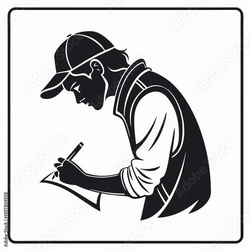 Young man in cap writing on paper black and white illustration