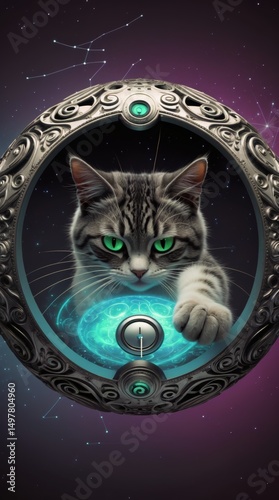 futuristic feline navigation device presenting a cybernetic interface with glowing elements and cosmic backdrop
