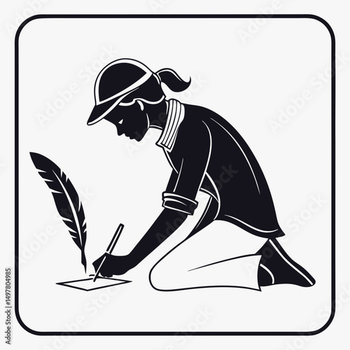 Young woman kneeling writing with quill pen ink and paper