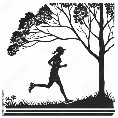 Woman jogging outdoors nature silhouette running fitness exercise