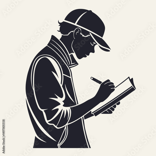 Young man in cap writing in notebook side profile silhouette