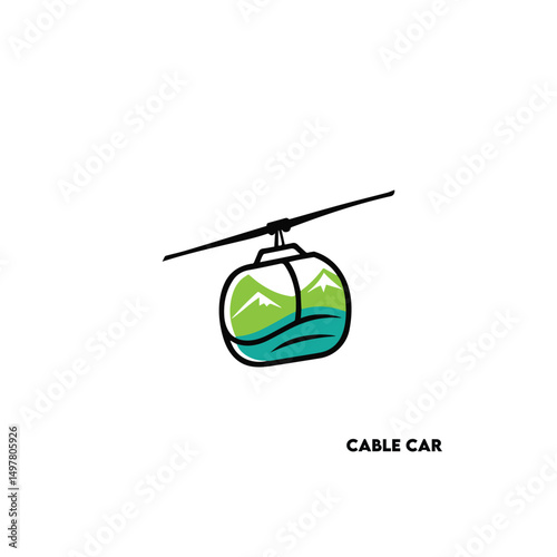 Cable Car Over Valley Black Silhouette on White Background Isolated Vector Illustration.