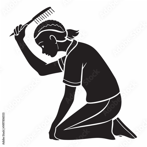 Woman combing her hair professional cutout silhouette