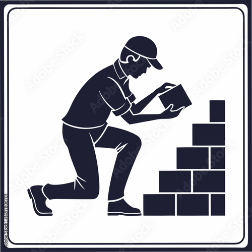 Professional construction worker placing brick isolated on white background