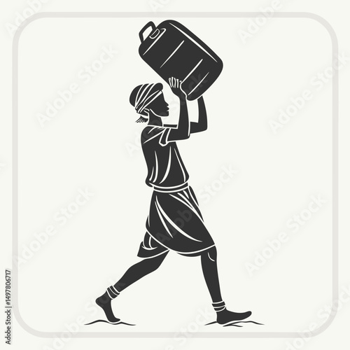 Person carrying heavy water container walking barefoot