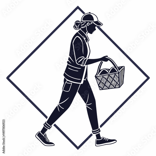 Woman walking with shopping basket healthy lifestyle graphic design