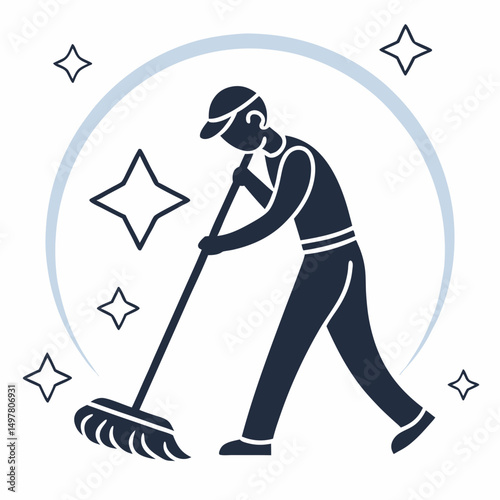 Cleaning service worker sweeping floor sparkling clean