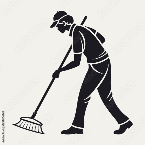 Silhouette of a janitor sweeping with a broom