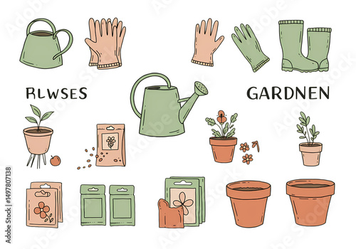 Gardening Essentials Flat Lay Illustration with Plants and Tools