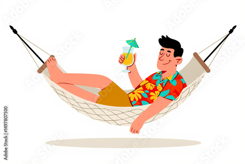  Cartoon tourist man relaxing in hammock drinking cocktail, isolated on white background, vector art