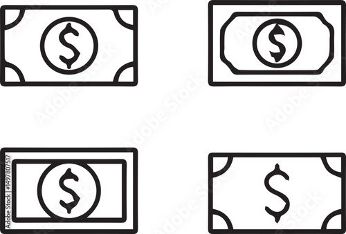 Money Bill Icons: Simple line drawings of money bills, each bearing a dollar sign, in a set of four, perfect for financial or economic themed illustrations.