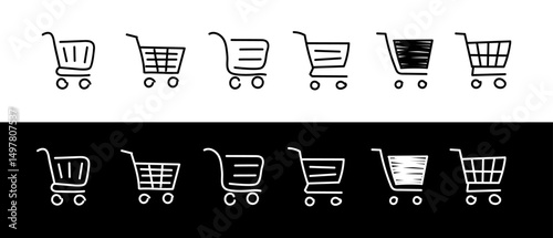 Doodle shopping cart icon set. Hand drawn line shopping basket icon. 