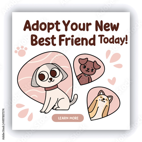 Adopt, don't shop! Creative square banner template. Naive illustration with young woman, who hugging her adopted dog with big heart on background. Flat style. Kawaii clip art with french bulldog.