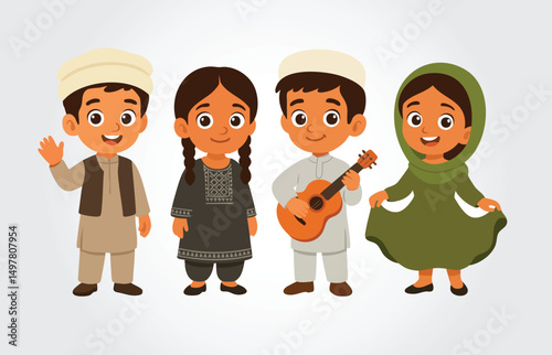 Afghan Children in Traditional Clothes Smiling and Waving
