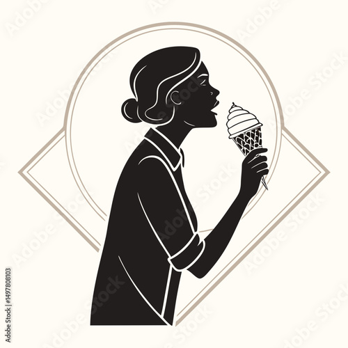 Woman silhouette enjoying delicious ice cream cone