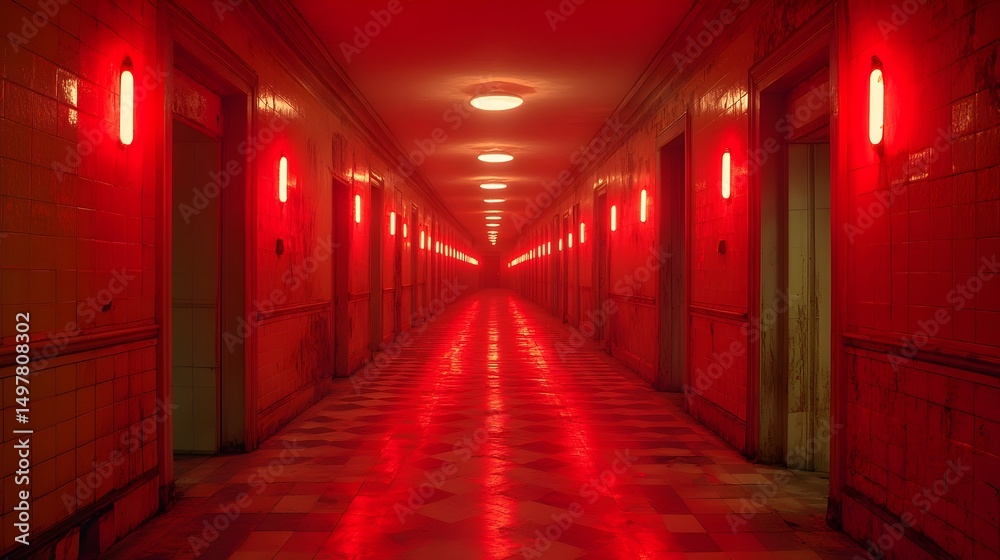 Long, dimly lit hallway with red lights, tiled floor, and numerous doors. Eerie, unsettling atmosphere Long, dimly lit hallway with red lights, tiled floor, and numerous doors. Eerie, unsettling atmosphere