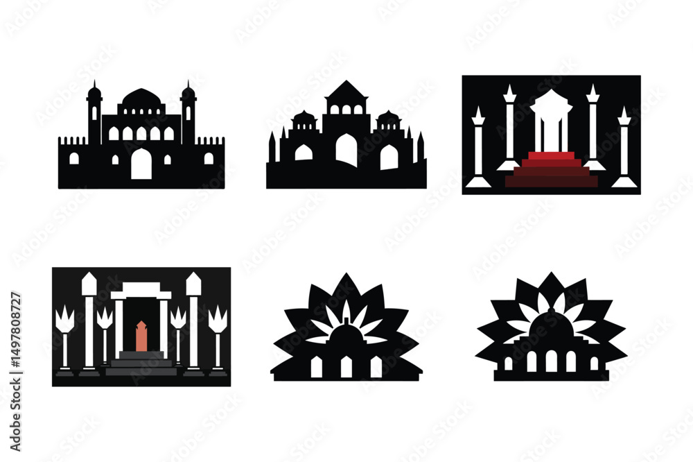 Fototapeta premium Black city landmarks and monuments vector icon set with building and industrial architecture silhouettes for urban design
