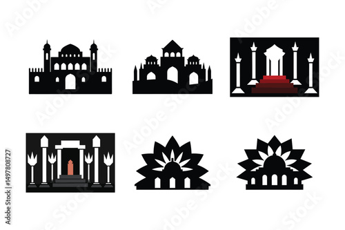 Black city landmarks and monuments vector icon set with building and industrial architecture silhouettes for urban design
