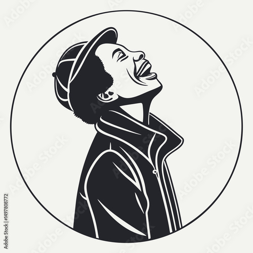 Joyful black woman laughing headshot stylish hat coat