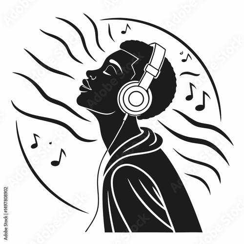 Black silhouette person listening music headphones enjoying song
