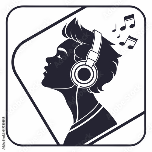 Young person listening to music headphones silhouette design