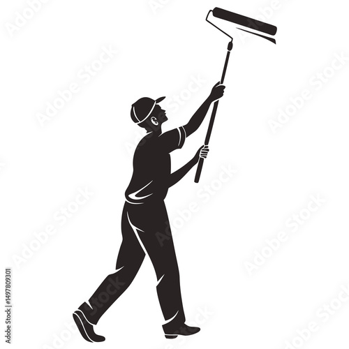 Painter using a paint roller, silhouette style illustration