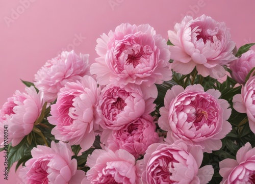 Dense cluster of pink peonies, soft pink backdrop,  petals,  soft