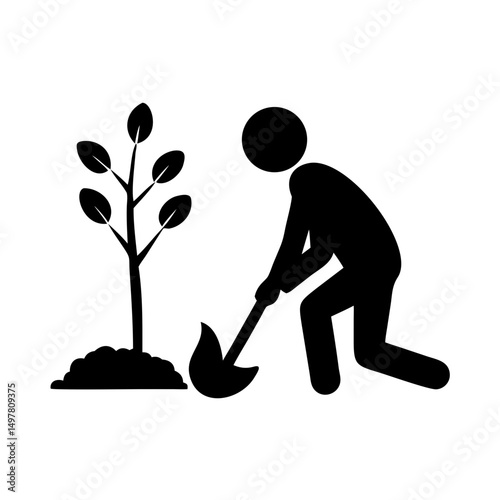 Crisp vector silhouette icon of a person planting a seed on a white background