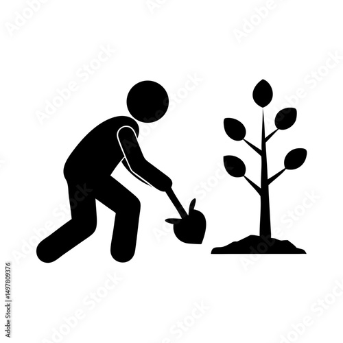 Vector silhouette icon of a person planting a seed on a white background