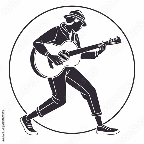 Stylish man playing acoustic guitar in circular frame