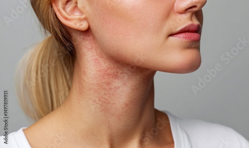 A close-up portrait of a woman with a skin rash on her neck and upper chest area, showing a possible allergic reaction or skin condition.