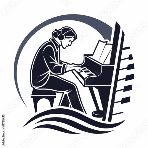 Professional musician playing piano, isolated cutout, transparent background