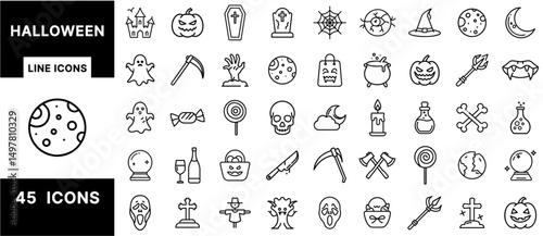 Halloween Line Icons Set – Pumpkins, Ghosts, Graveyard, Candy, Skulls, Spells, Witches, Potions, and Spooky Symbols for Horror, Trick-or-Treat, and Party Design