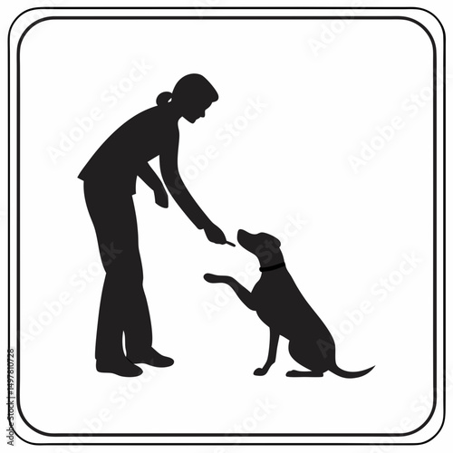 Woman training dog silhouettes isolated on white background professional design element