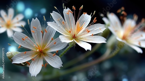 Delicate White Flowers with Dewdrops on Dark Background