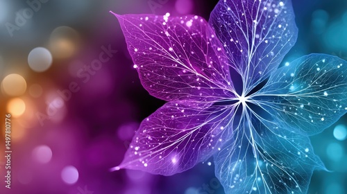 Luminous Blue & Purple Leaf Veins Against Colorful Bokeh Background