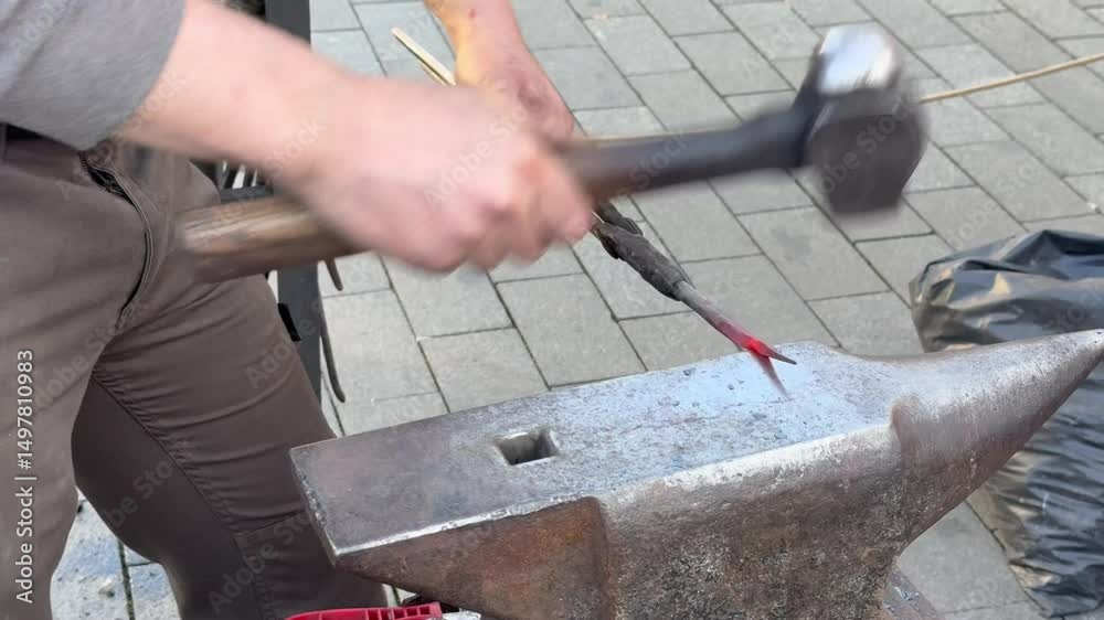 Blacksmith forging metal on an anvil manually