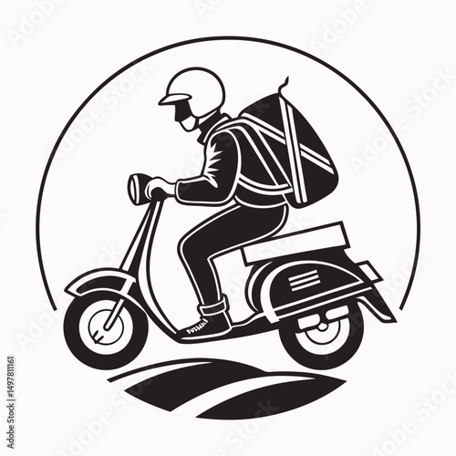Delivery driver on scooter with backpack rural scene