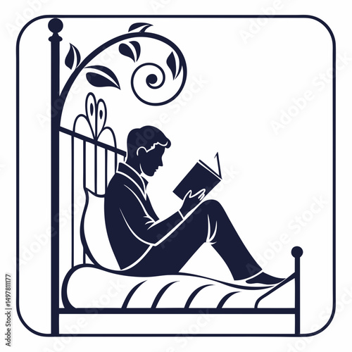 Man relaxing in bed reading book ornate headboard