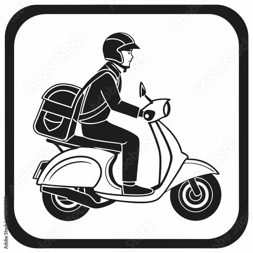 Delivery person riding scooter with backpack icon