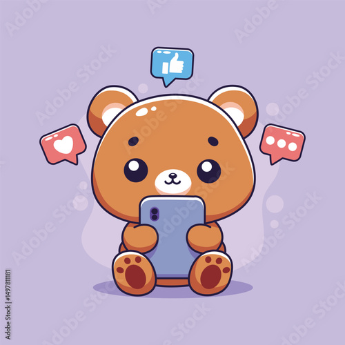 Cute bear with smartphone and social media icons. Vector illustration.