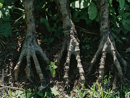 A close-up of the roots and trunks, resembling deformed humanoid figures with short arms and legs