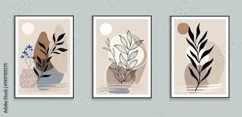 Minimalist Botanical Triptych Wall Art Black Leaves on White 