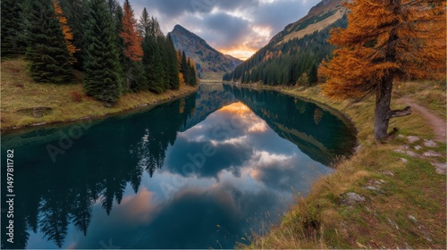 Tranquil Alpine Lake Reflection - Golden Hour Mountain Landscape