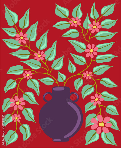 Botanical flower vase Minimal Art Print Hand drawn leaves shapes Matisse style, naive art, contemporary dark red backgrounds