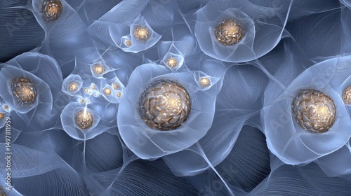 Intricate Fractal Blue Blooms with Golden Core - Abstract Art & Design Element